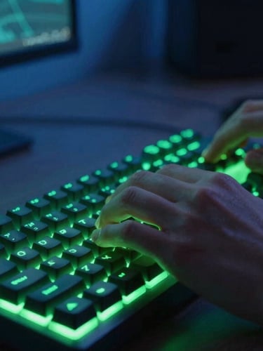 Moody close-up of hands typing on a mechanical keyboard, glowing neon green backlighting, focused workspace atmosphere, sharp focus, 35mm
