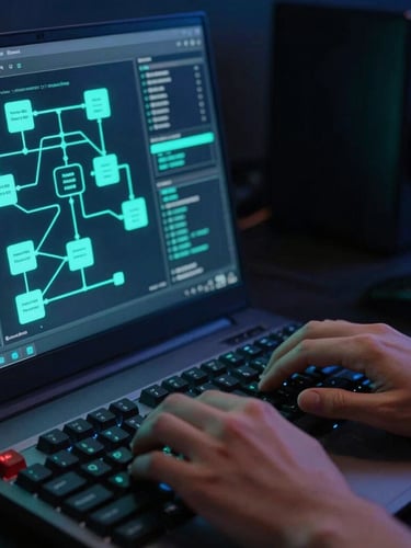 Sleek portrait close-up of hands typing on a mechanical keyboard, a laptop screen showing complex Node-RED automation nodes glowing in neon teal, moody dark studio environment, 35mm