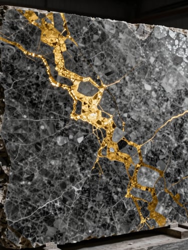 Close-up of a raw quartzite slab with dramatic side-lighting, showcasing rich gold and charcoal veins, high contrast, industrial workshop environment