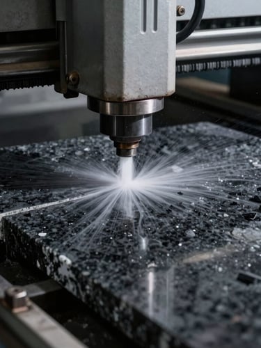 Close-up of a high-precision water-jet cutting machine slicing through a thick slab of dark quartzite, water spraying, sharp focus on the clean cut edge, industrial workshop lighting