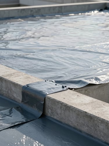 A close-up of a high-performance waterproofing membrane being meticulously applied to a concrete structural joint, crisp morning daylight.