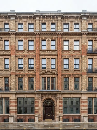 Straight-on architectural angle of a multi-story building facade under bright overcast daylight, showcasing pristine restored masonry work.