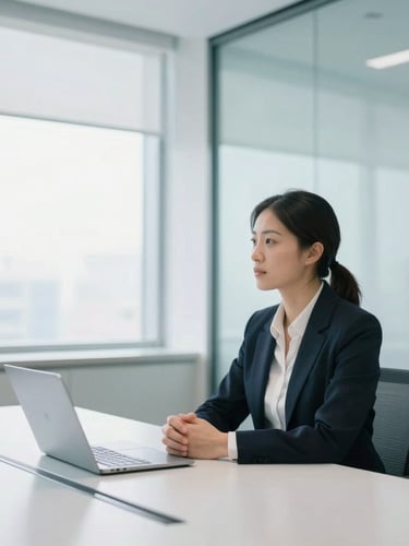A professional mentor conducting a mock interview in a minimalist glass-walled conference room, bright daylight, sharp focus, cool undertones