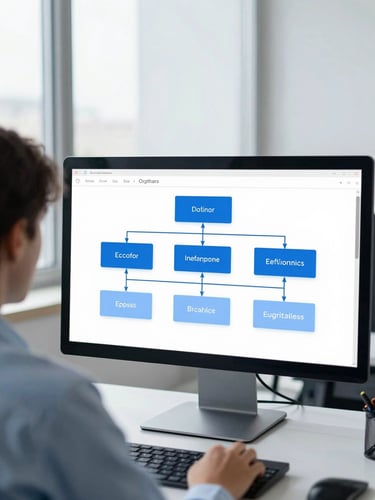 Over-the-shoulder view of a clean enterprise software architecture diagram on a modern monitor, bright office window light, cool blue tones, sharp focus, 35mm lens