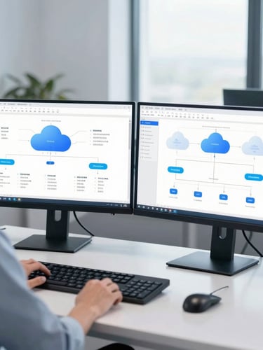 Over-the-shoulder shot of a clean developer workspace, dual monitors displaying complex enterprise cloud architecture diagrams, cool blue studio lighting, sharp focus
