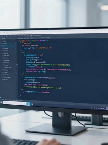 Over the shoulder shot of clean enterprise code on a high-resolution screen in a bright, modern corporate office, cool blue tones, 35mm lens