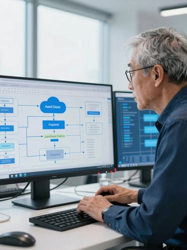 A senior IT architect analyzing complex cloud architecture diagrams on high-resolution screens in a modern, brightly lit corporate office, cool blue tones, sharp focus, 35mm lens