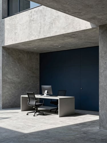 Crisp natural side-lighting on a modern concrete architectural workspace, sharp geometric shadows, cool slate tones, 35mm