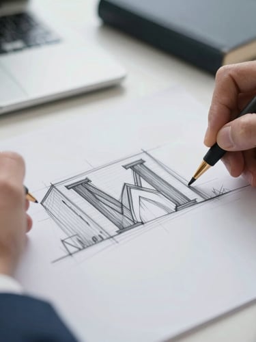 Macro detail of hands sketching a capital model on paper over a clean slate desk, soft natural side-lighting, architectural depth.