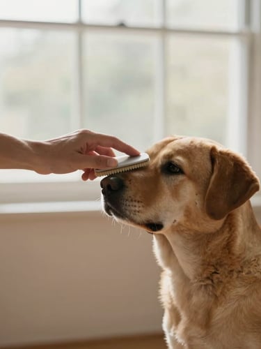 A handler gently brushing a calm dog at eye level, soft natural window light, serene non-clinical setting, warm tones