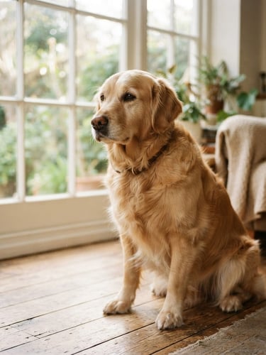 A calm golden retriever sitting peacefully in soft natural window light, shallow depth of field, warm organic tones, 35mm photography