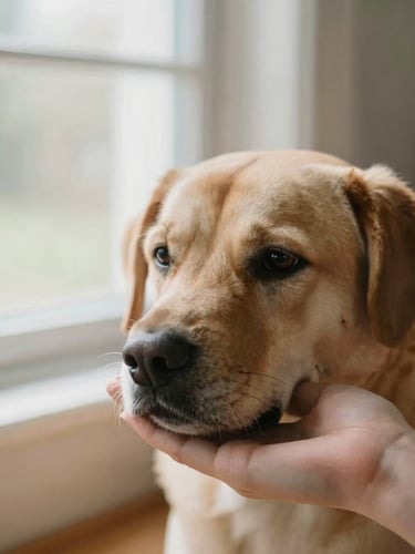 A calm dog resting its chin on a handler's hand, soft natural window light, shallow depth of field