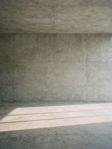 Minimalist concrete interior with soft diffused overcast daylight casting long quiet shadows, architectural geometry, medium format 80mm