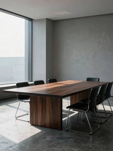 An empty corporate boardroom table made of dark wood, sharp architectural daylight streaming through large windows, geometric shadows on a concrete floor, minimalist composition.