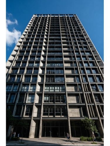 Low-angle architectural photography of a modern concrete and steel office facade in São Paulo, sharp daylight, deep shadows, cool slate tones, minimalist geometric composition.