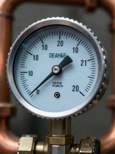 Macro close-up of a digital pressure gauge connected to a clean copper reverse osmosis manifold, sharp focus on the cyan digital readout, dark industrial background.