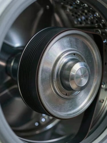 A tight macro shot of a washing machine's rear drive pulley and new heavy-duty belt, sharp focus on the tension alignment, cool workshop lighting.