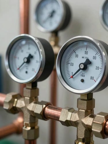 Close-up macro shot of digital manifold gauges connected to clean copper piping, bright natural focus on the glowing digital pressure readout, organized utility space background.
