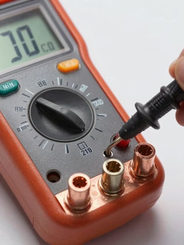 Tight macro shot of a digital multimeter testing electrical resistance on a copper terminal block, sharp focus, technical lighting.