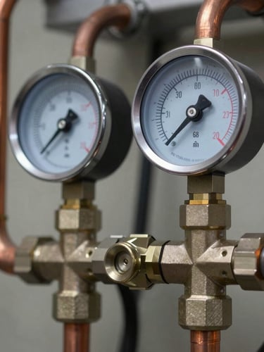 Tight macro shot of digital manifold gauges connected to clean copper HVAC lines, sharp focus on blue and red dial readings, industrial utility lighting.