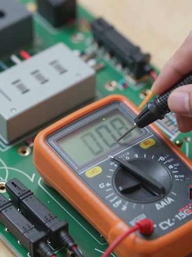 Macro close-up of a digital multimeter testing voltage on an electrical control board, sharp focus on terminal blocks, crisp natural light.