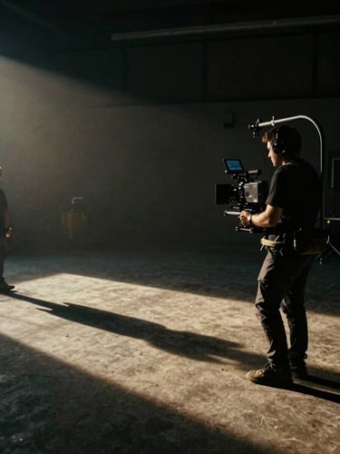 Wide environmental shot of a film production set from the right side, camera operator mid-take with a cinema camera on a shoulder rig, ambient tungsten lighting casting long shadows across the floor, film grain visible, dark tones, geometric composition, no faces visible