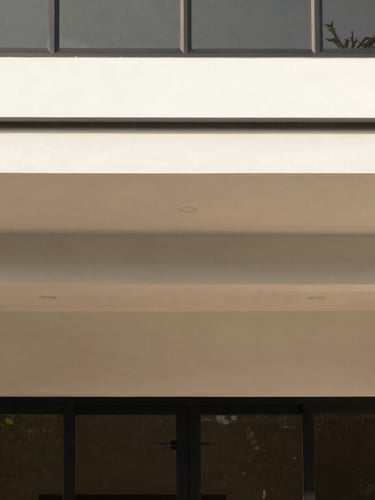 A straight-on architectural elevation of a modern home facade in Klang Valley, showcasing clean ACP awning lines and a seamless transition to a bright interior, warm minimalist aesthetic, sharp focus