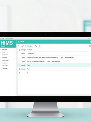 Straight-on high-fidelity HIMS software interface screenshot displaying clinical patient charts, real-time metrics, sterile white background, soft teal accents, 35mm