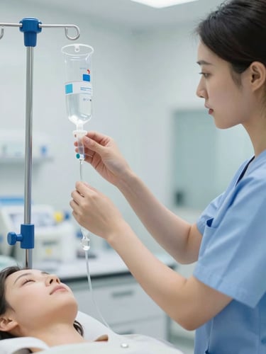 Close-up of a nursing student in clean scrubs adjusting an IV drip on a patient simulator in a bright, modern hospital-integrated lab.