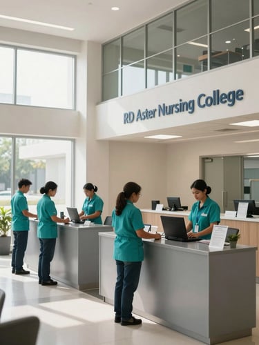 A bright, clean daylight shot of the RD Aster Nursing College admissions lobby, featuring minimalist slate grey counters, professional staff in clean teal uniforms, and large windows.
