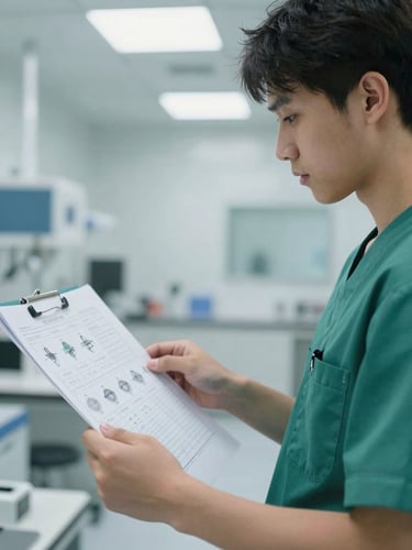 Medium close-up of a student in crisp green clinical scrubs reviewing a medical chart in a brightly lit, modern simulation lab.