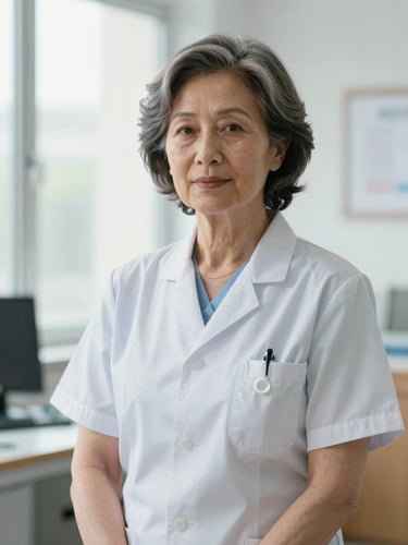 Professional portrait of a senior female nursing academic in clinical attire, bright natural daylight, clean medical office background, serious yet warm expression.