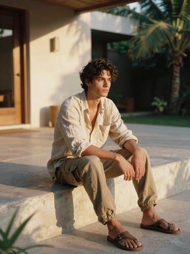 A model in a relaxed linen shirt and utility trousers sitting on a concrete step in a tropical modernist courtyard, warm golden hour sunlight, soft organic shadows, 35mm film.