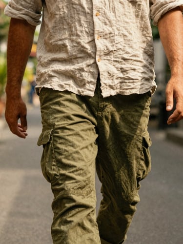 Close-up of sun-washed olive utility trousers and a textured linen weave shirt, worn by a traveler walking through a sun-drenched Balinese alleyway, warm natural light, 35mm film.
