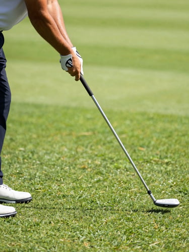 Low-angle dynamic action shot of a golfer's clean follow-through under bright natural sunlight, vivid grass green background, crisp white golf glove