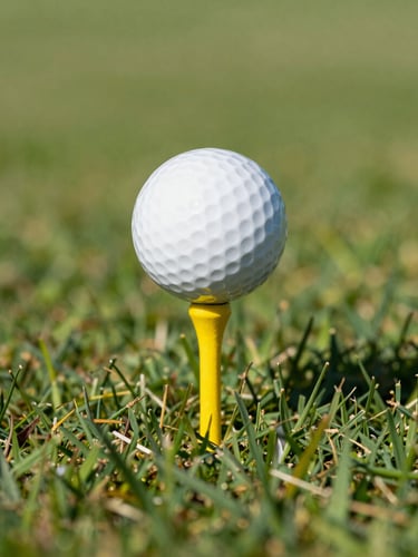 A crisp close-up of a dimpled white golf ball sitting on a vibrant yellow tee, bright natural sunlight casting sharp shadows on lush green grass.