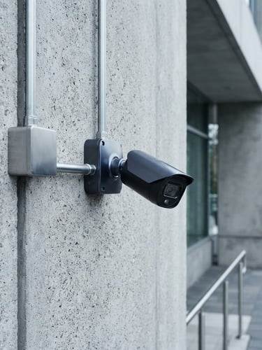 Crisp commercial photography of a modern high-end security camera neatly mounted on a concrete architectural wall, clean conduit lines, cool daylight, sharp focus, 35mm
