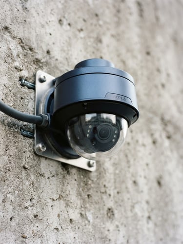 Close-up of a neatly installed security camera on a concrete wall, crisp daylight, metallic and glass textures, sharp focus, 35mm