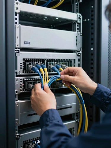 Close-up of a professional technician in uniform neatly organizing cables in a clean server rack, cool daylight, metallic tones