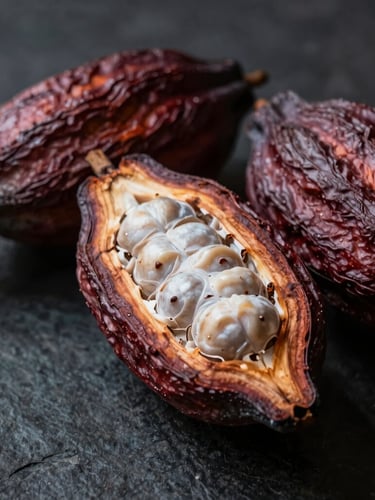 Macro close-up of raw single-origin cacao pods resting on a dark textured stone surface, dramatic side-lighting with soft shadows, rich warm ivory and burgundy tones, shallow depth of field