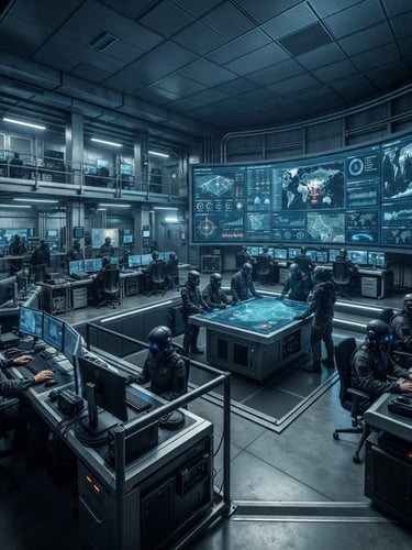Wide panoramic shot of a modern military command center, operators wearing Silent Masks, screens displaying tactical data, dramatic cool lighting, focus on technology and mission. Industrial product photography, cool steel-grey and deep blue tones, sharp focus, 50mm lens.