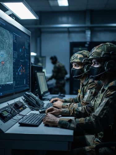 Indian military personnel in a secure command center, wearing Silent Mask, focused on a tactical display, dramatic side-lighting, cool steel-grey and deep blue tones, sharp focus, 50mm lens.