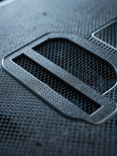 Close-up macro shot of Silent Mask's multi-layer acoustic mesh, showing intricate material structure, under dramatic side-lighting with cool steel-grey tones.