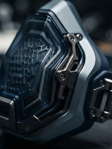 Macro shot of Silent Mask device, technical schematics overlaid detailing multi-layer acoustic mesh and containment shield, dramatic side-lighting, cool steel-grey and deep blue tones, sharp focus, 50mm lens.