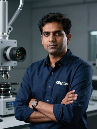 Professional portrait of Dheeraj Maurya, founder of Silentec, looking determined, in a modern tech lab setting, dramatic side-lighting, cool steel-grey and deep blue tones, sharp focus, 50mm lens.