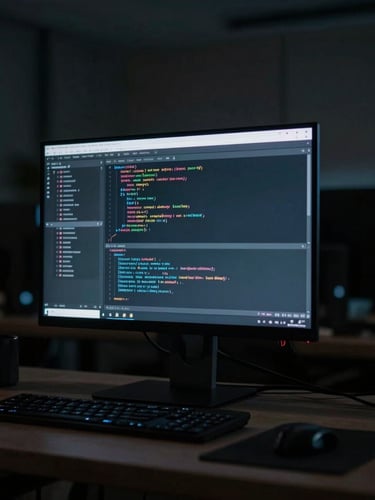Moody low-key photography of a high-end developer workspace in Austin, cool-toned ambient screen light, code editor visible on a vertical monitor, sharp focus, high contrast, 35mm lens