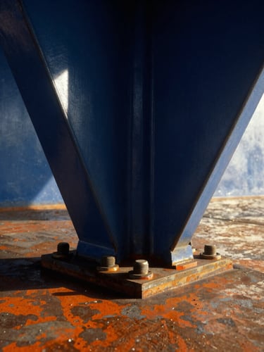 Close-up of heavy structural steel bolt and welded joint, high-contrast late afternoon sun casting sharp shadows, technical precision