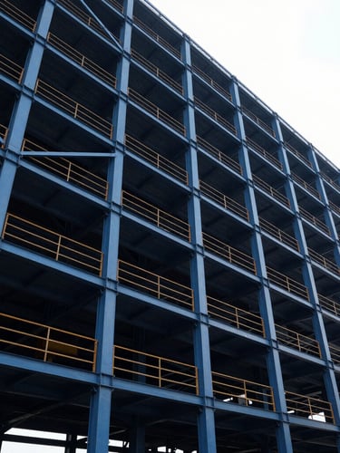 Low-angle wide shot of massive steel framework under dramatic high-contrast daylight, clean architectural lines, deep steel blue tones