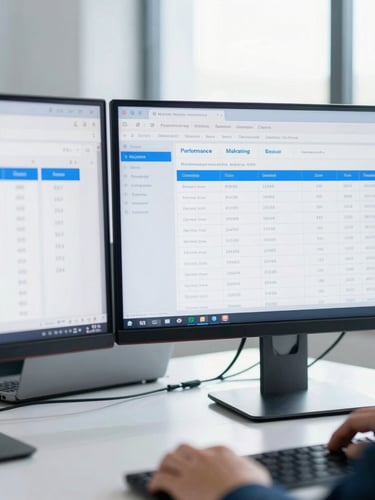 Close-up of a performance marketing strategist analyzing data on dual monitors in a bright, modern office, cool blue accents, natural daylight