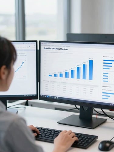 Over-the-shoulder shot of a performance marketer analyzing real-time ROAS dashboards on dual monitors, bright natural daylight, cool blue accents, sharp focus